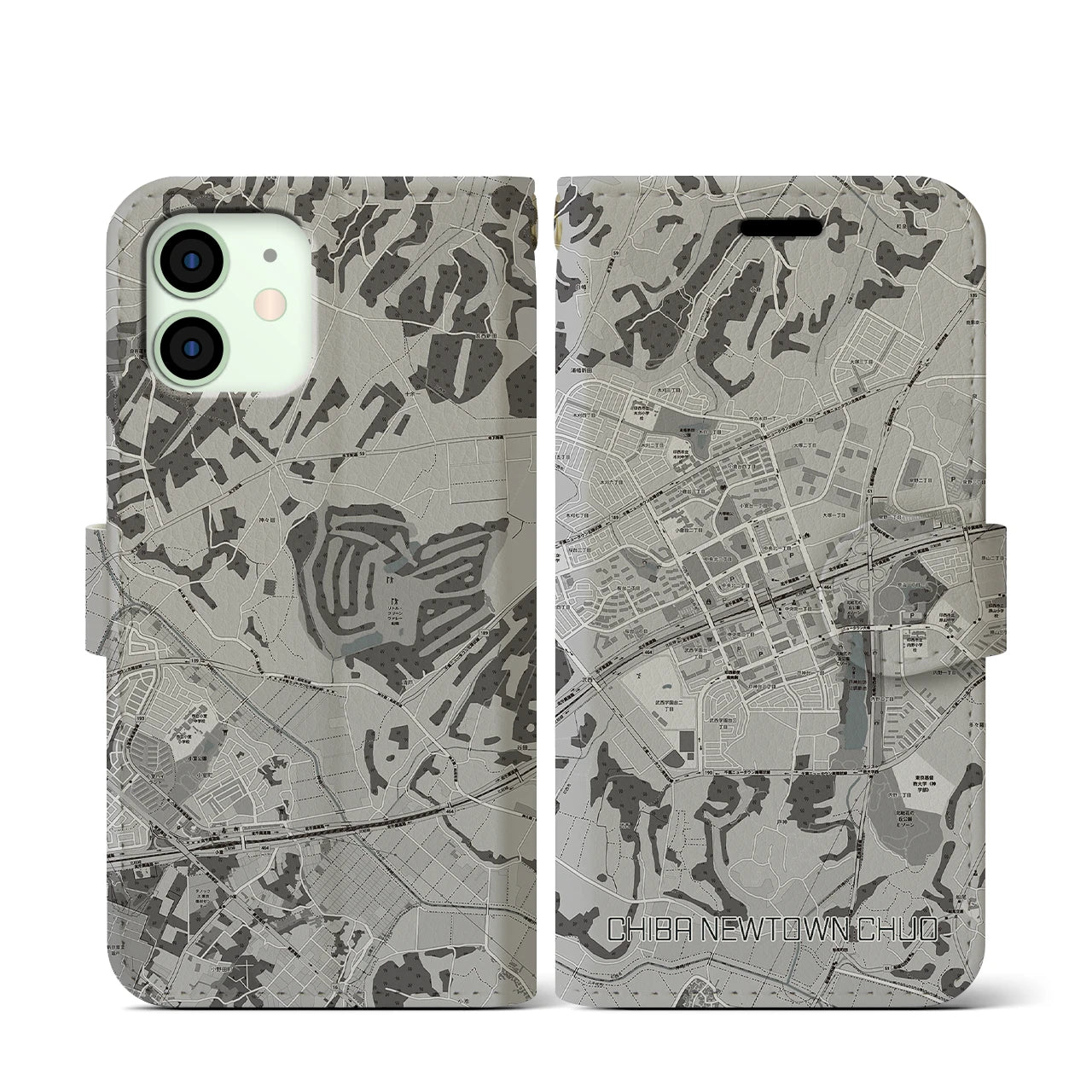 【千葉ニュータウン中央(千葉県)】地図柄iPhoneケース(手帳タイプ)モノトーン・iPhone 12 mini 用