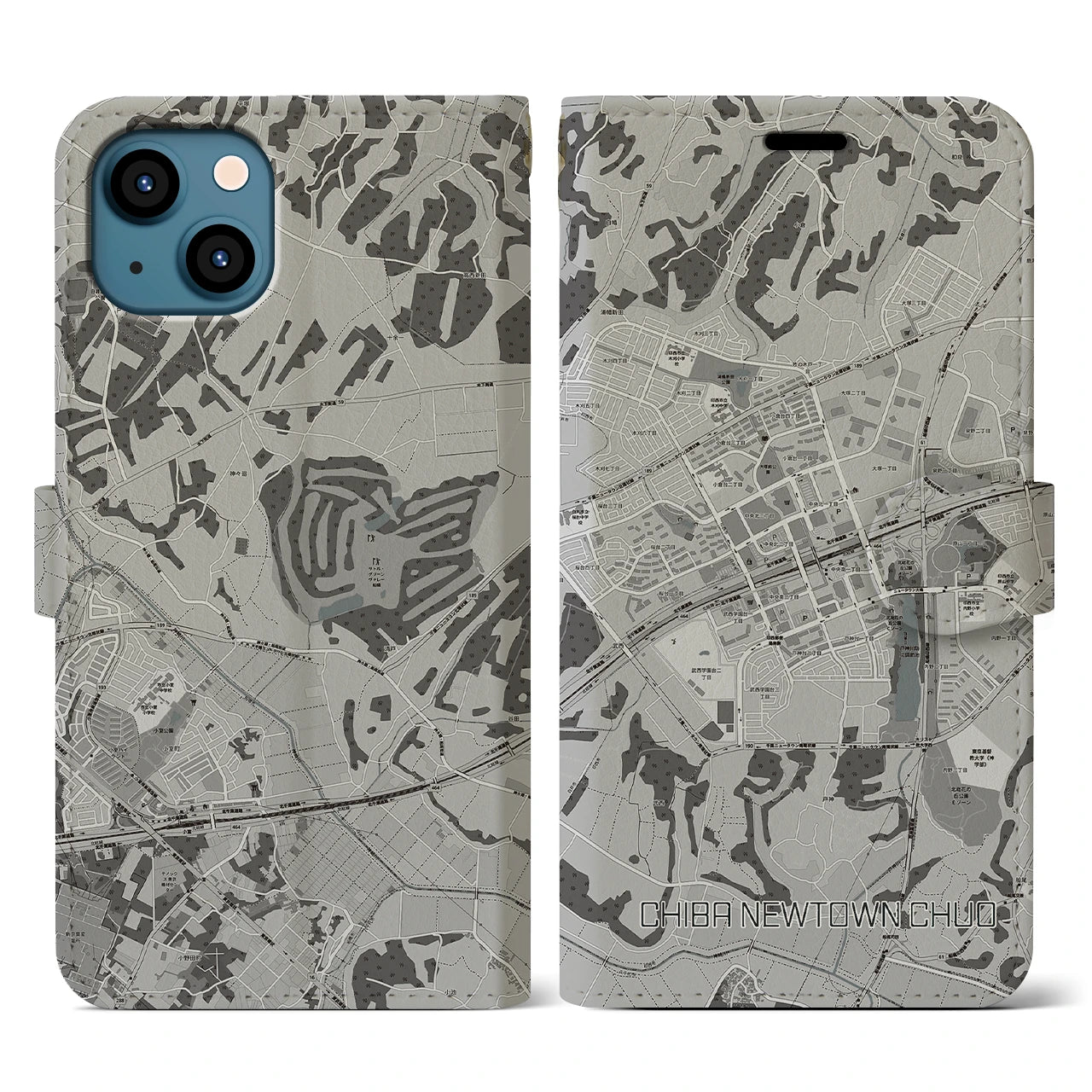 【千葉ニュータウン中央(千葉県)】地図柄iPhoneケース(手帳タイプ)モノトーン・iPhone 13 用