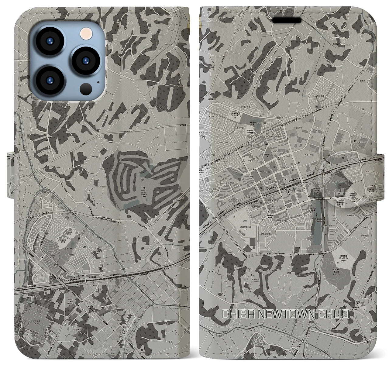 【千葉ニュータウン中央(千葉県)】地図柄iPhoneケース(手帳タイプ)モノトーン・iPhone 13 Pro Max 用