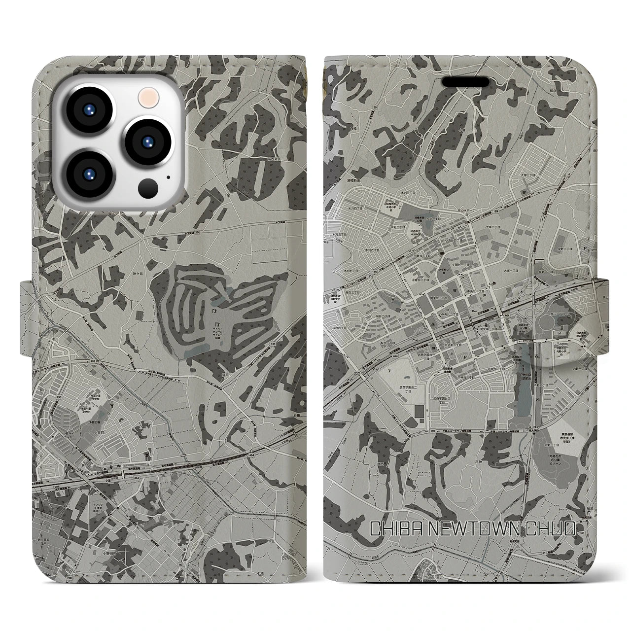 【千葉ニュータウン中央(千葉県)】地図柄iPhoneケース(手帳タイプ)モノトーン・iPhone 13 Pro 用