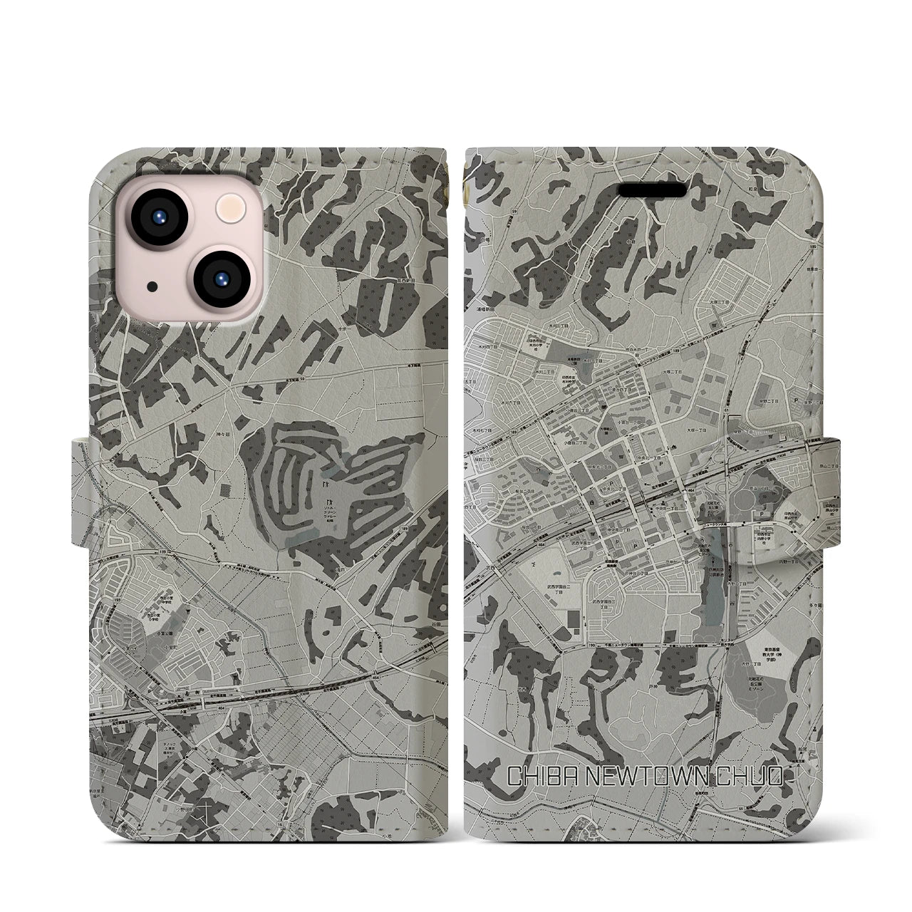 【千葉ニュータウン中央(千葉県)】地図柄iPhoneケース(手帳タイプ)モノトーン・iPhone 13 mini 用