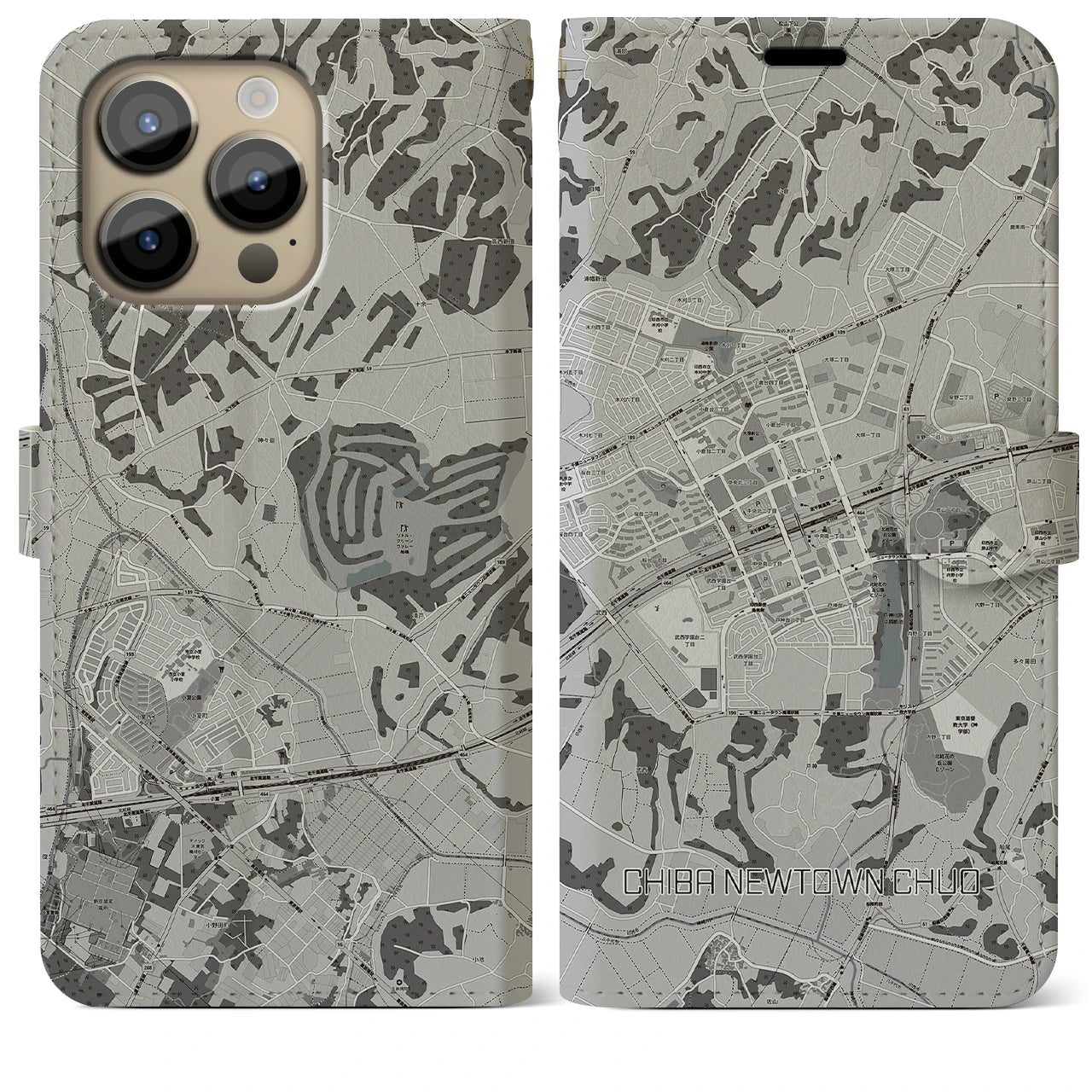 【千葉ニュータウン中央(千葉県)】地図柄iPhoneケース(手帳タイプ)モノトーン・iPhone 14 Pro Max 用