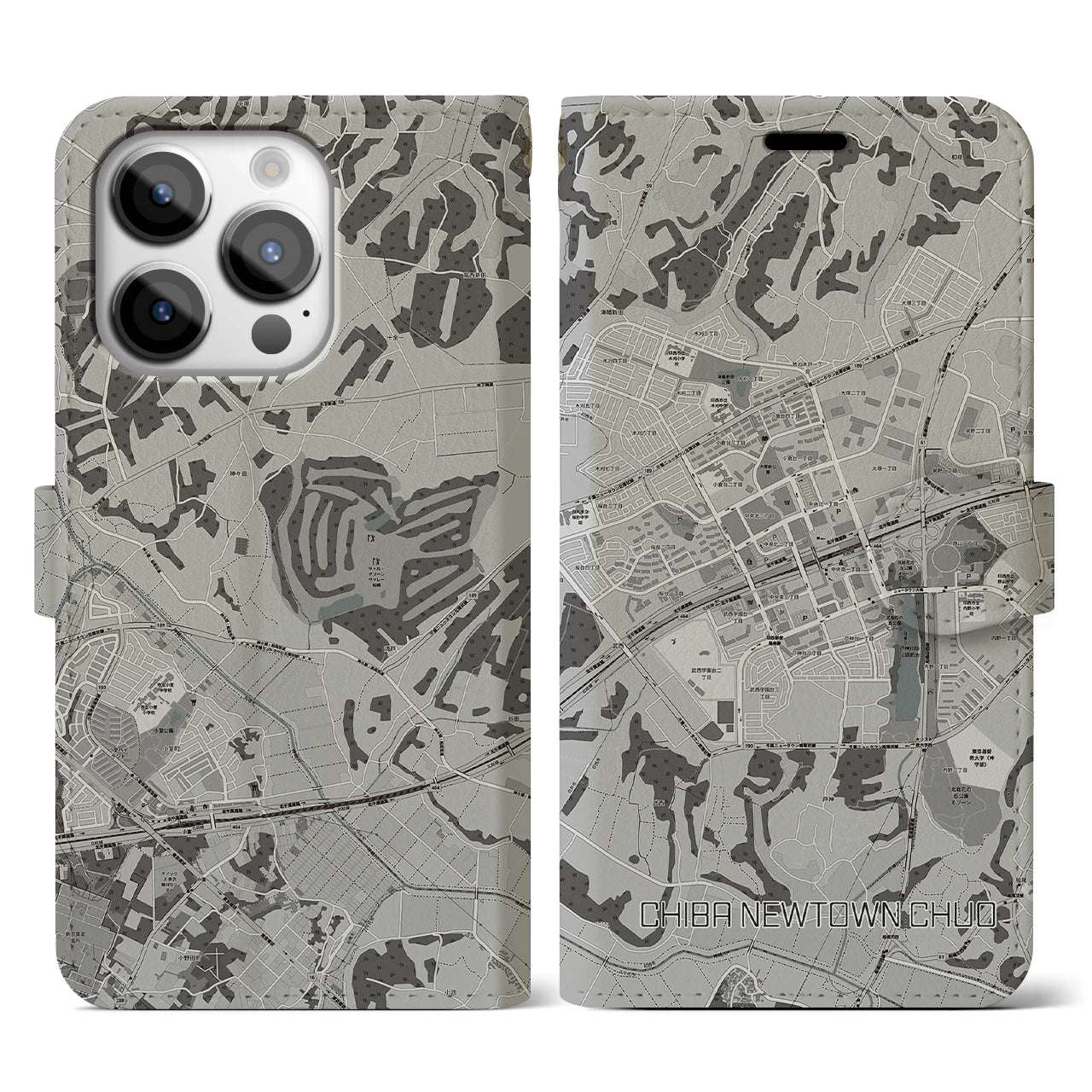 【千葉ニュータウン中央(千葉県)】地図柄iPhoneケース(手帳タイプ)モノトーン・iPhone 14 Pro 用
