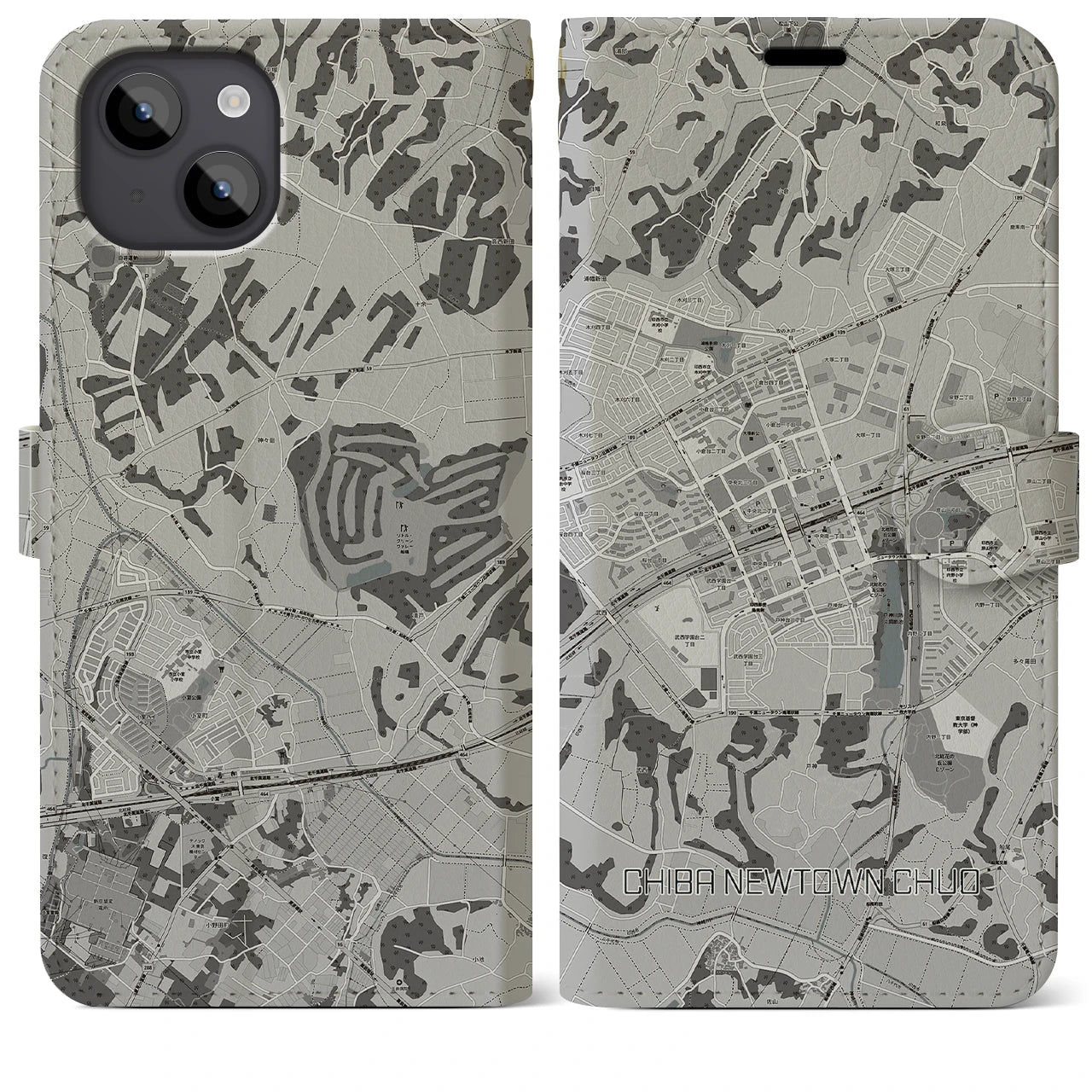 【千葉ニュータウン中央(千葉県)】地図柄iPhoneケース(手帳タイプ)モノトーン・iPhone 14 Plus 用