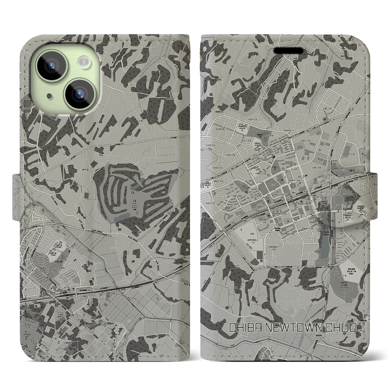【千葉ニュータウン中央(千葉県)】地図柄iPhoneケース(手帳タイプ)モノトーン・iPhone 15 用