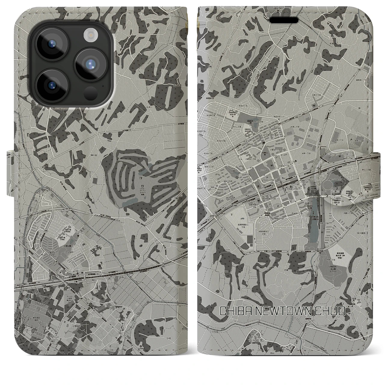 【千葉ニュータウン中央(千葉県)】地図柄iPhoneケース(手帳タイプ)モノトーン・iPhone 15 Pro Max 用
