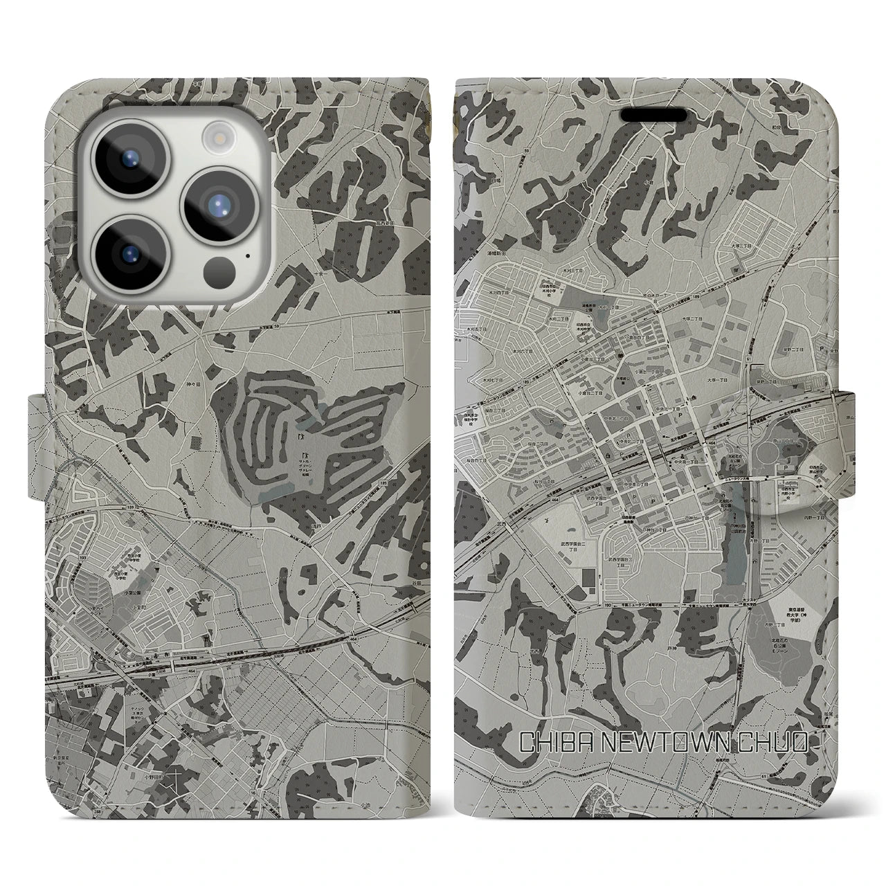 【千葉ニュータウン中央(千葉県)】地図柄iPhoneケース(手帳タイプ)モノトーン・iPhone 15 Pro 用