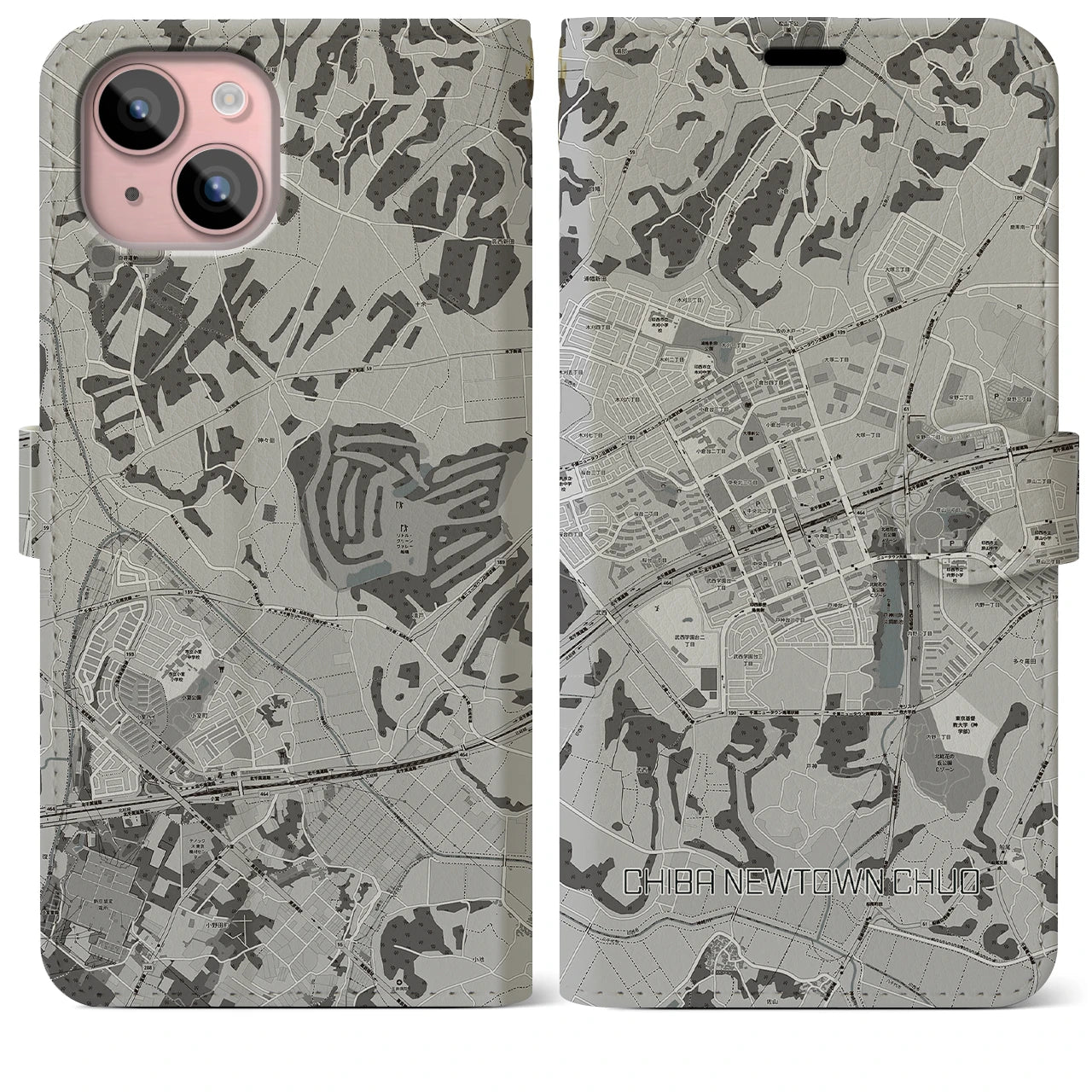【千葉ニュータウン中央(千葉県)】地図柄iPhoneケース(手帳タイプ)モノトーン・iPhone 15 Plus 用