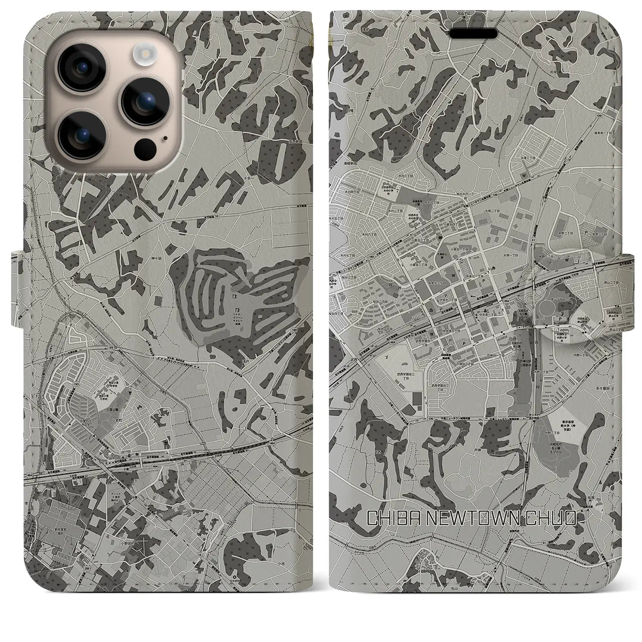 【千葉ニュータウン中央(千葉県)】地図柄iPhoneケース(手帳タイプ)モノトーン・iPhone 16 Plus 用