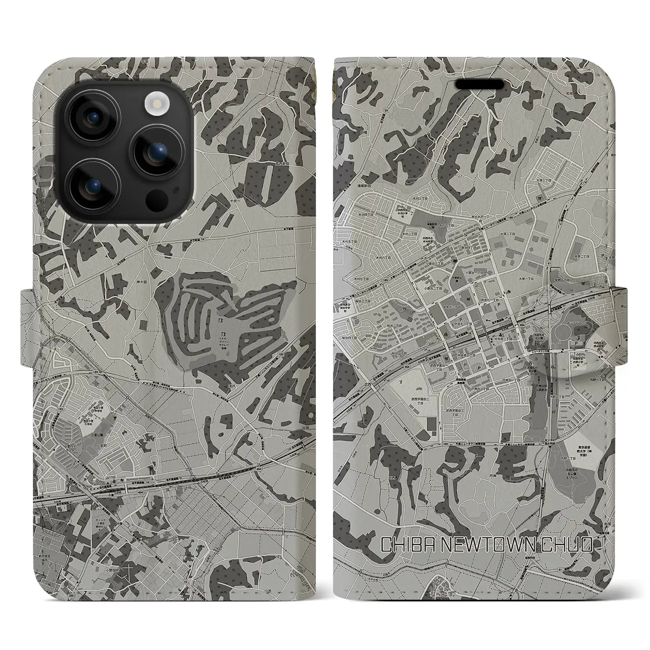 【千葉ニュータウン中央(千葉県)】地図柄iPhoneケース(手帳タイプ)モノトーン・iPhone 16 用