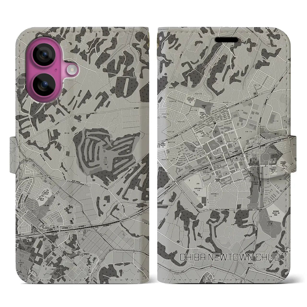 【千葉ニュータウン中央(千葉県)】地図柄iPhoneケース(手帳タイプ)モノトーン・iPhone 16 Pro 用