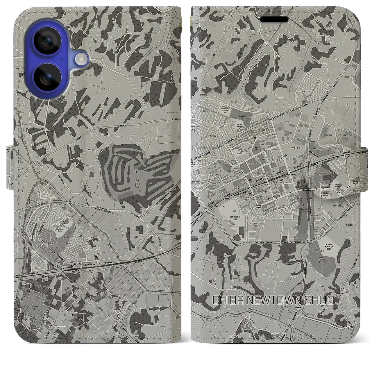 【千葉ニュータウン中央(千葉県)】地図柄iPhoneケース(手帳タイプ)モノトーン・iPhone 16 Pro Max 用