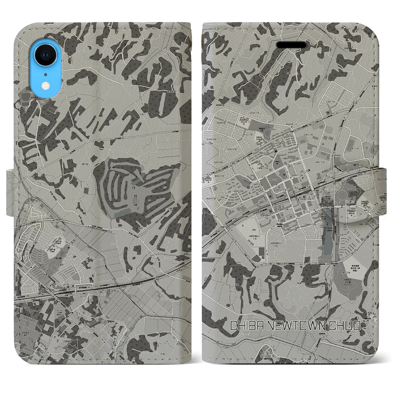 【千葉ニュータウン中央(千葉県)】地図柄iPhoneケース(手帳タイプ)モノトーン・iPhone XR 用