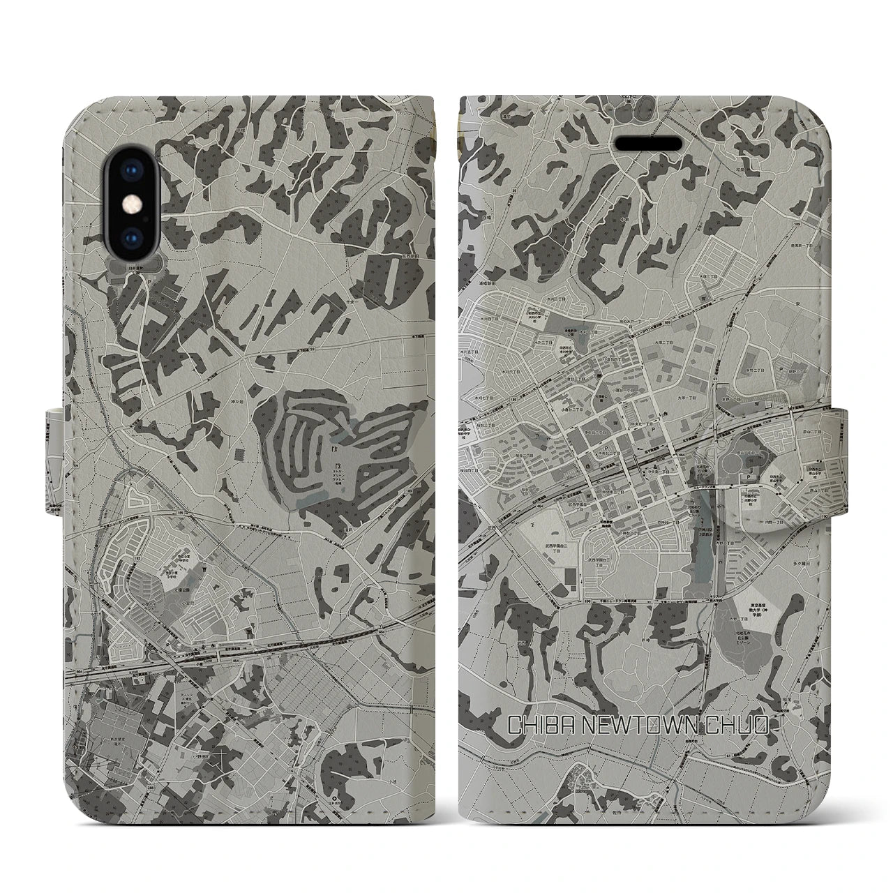 【千葉ニュータウン中央(千葉県)】地図柄iPhoneケース(手帳タイプ)モノトーン・iPhone XS / X 用