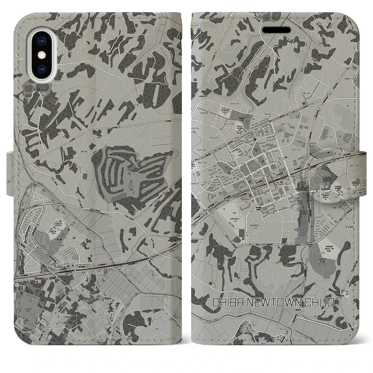 【千葉ニュータウン中央(千葉県)】地図柄iPhoneケース(手帳タイプ)モノトーン・iPhone XS Max 用