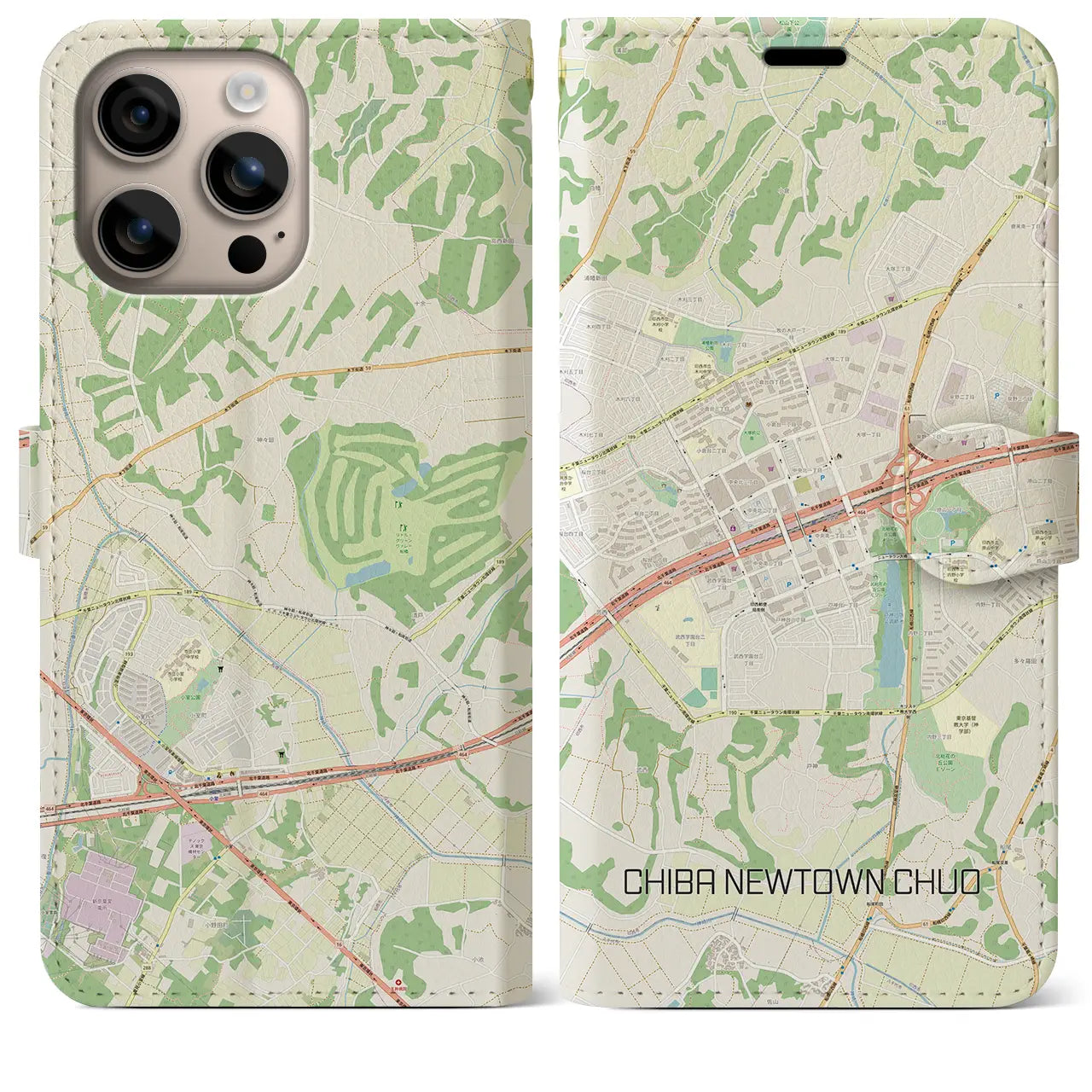 【千葉ニュータウン中央(千葉県)】地図柄iPhoneケース(手帳タイプ)ナチュラル・iPhone 16 Plus 用