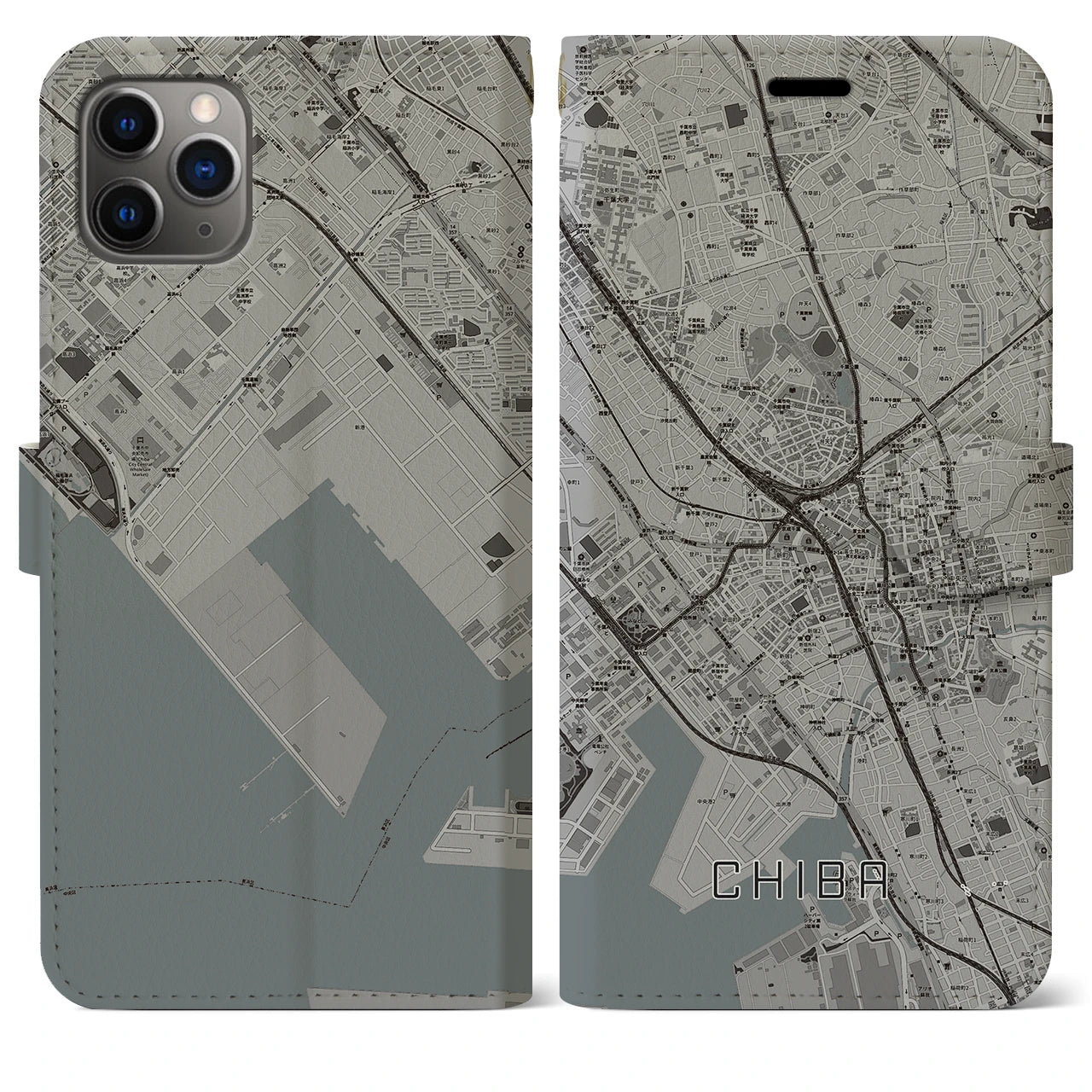 【千葉(千葉県)】地図柄iPhoneケース(手帳タイプ)モノトーン・iPhone 11 Pro Max 用