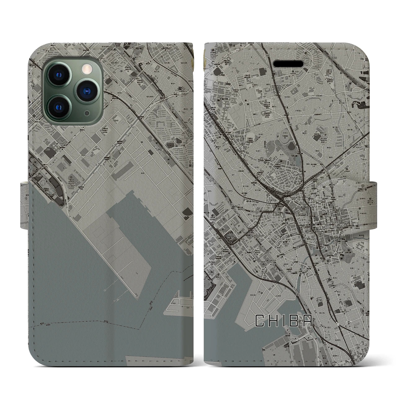 【千葉(千葉県)】地図柄iPhoneケース(手帳タイプ)モノトーン・iPhone 11 Pro 用