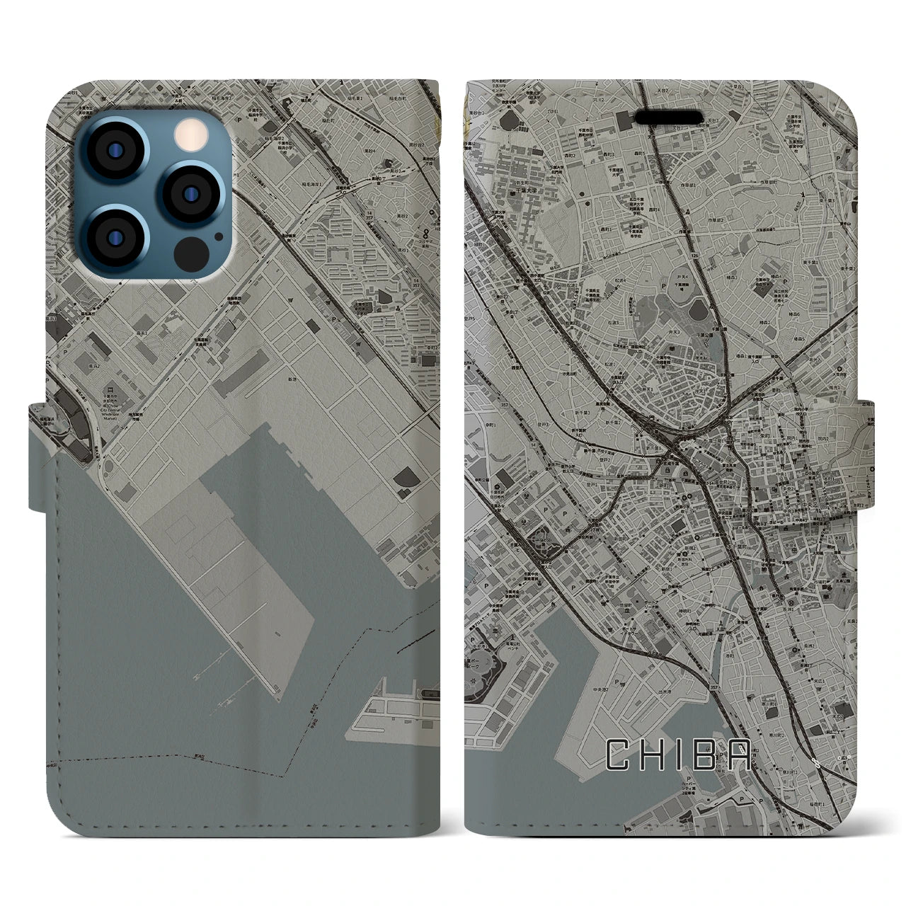 【千葉(千葉県)】地図柄iPhoneケース(手帳タイプ)モノトーン・iPhone 12 / 12 Pro 用