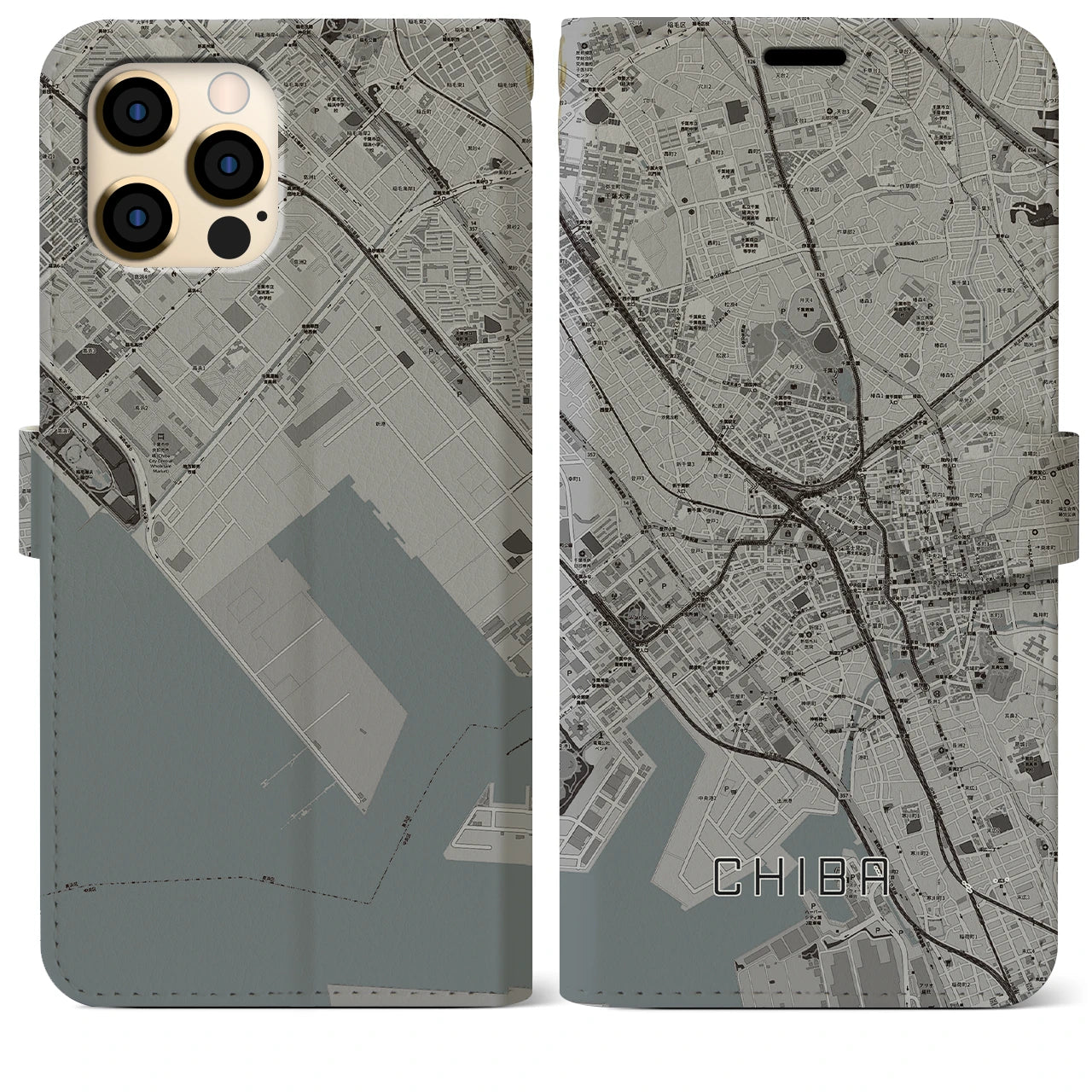 【千葉(千葉県)】地図柄iPhoneケース(手帳タイプ)モノトーン・iPhone 12 Pro Max 用