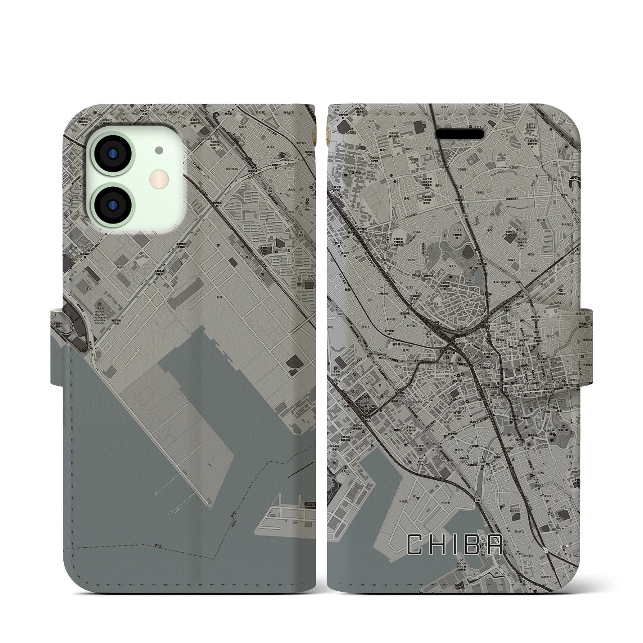 【千葉(千葉県)】地図柄iPhoneケース(手帳タイプ)モノトーン・iPhone 12 mini 用