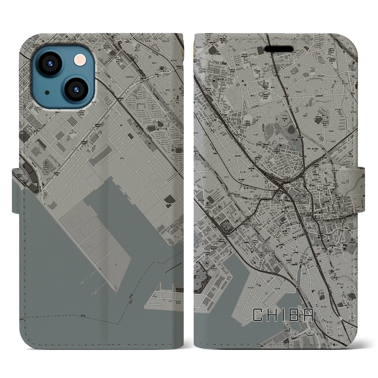 【千葉(千葉県)】地図柄iPhoneケース(手帳タイプ)モノトーン・iPhone 13 用