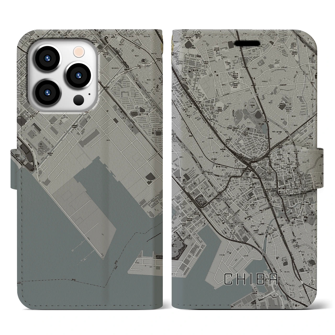 【千葉(千葉県)】地図柄iPhoneケース(手帳タイプ)モノトーン・iPhone 13 Pro 用