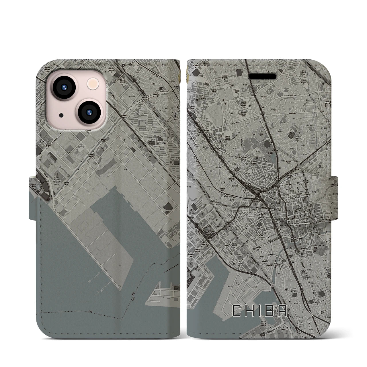 【千葉(千葉県)】地図柄iPhoneケース(手帳タイプ)モノトーン・iPhone 13 mini 用