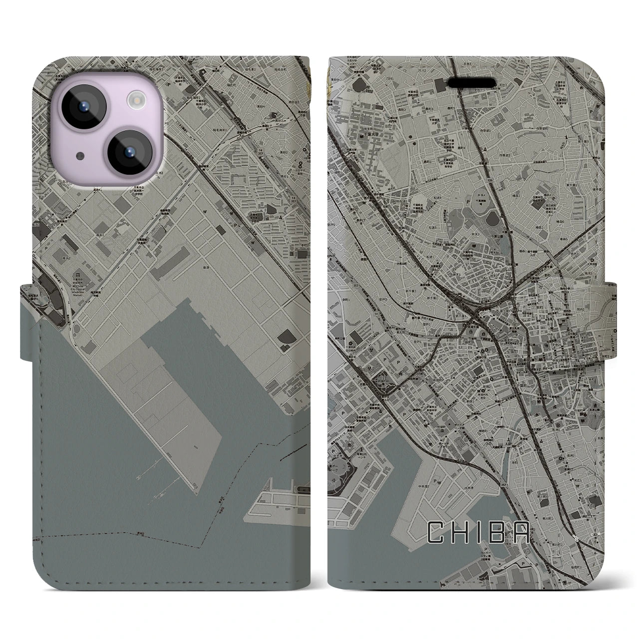 【千葉(千葉県)】地図柄iPhoneケース(手帳タイプ)モノトーン・iPhone 14 用