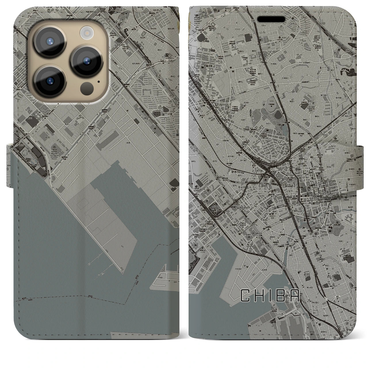 【千葉(千葉県)】地図柄iPhoneケース(手帳タイプ)モノトーン・iPhone 14 Pro Max 用