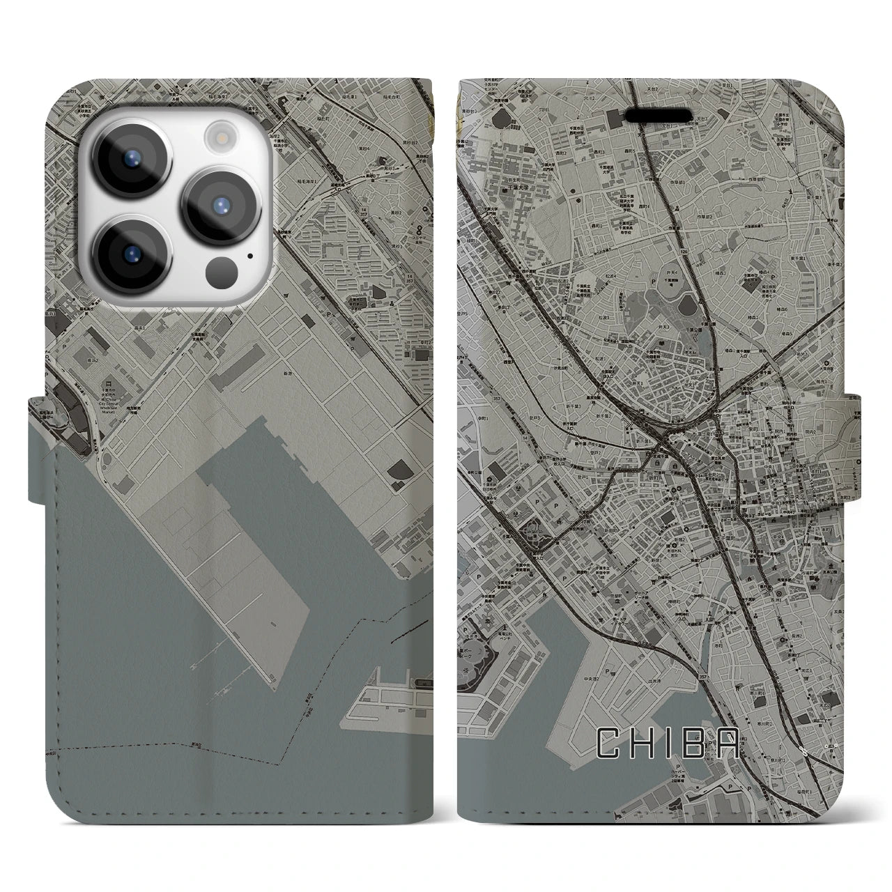 【千葉(千葉県)】地図柄iPhoneケース(手帳タイプ)モノトーン・iPhone 14 Pro 用
