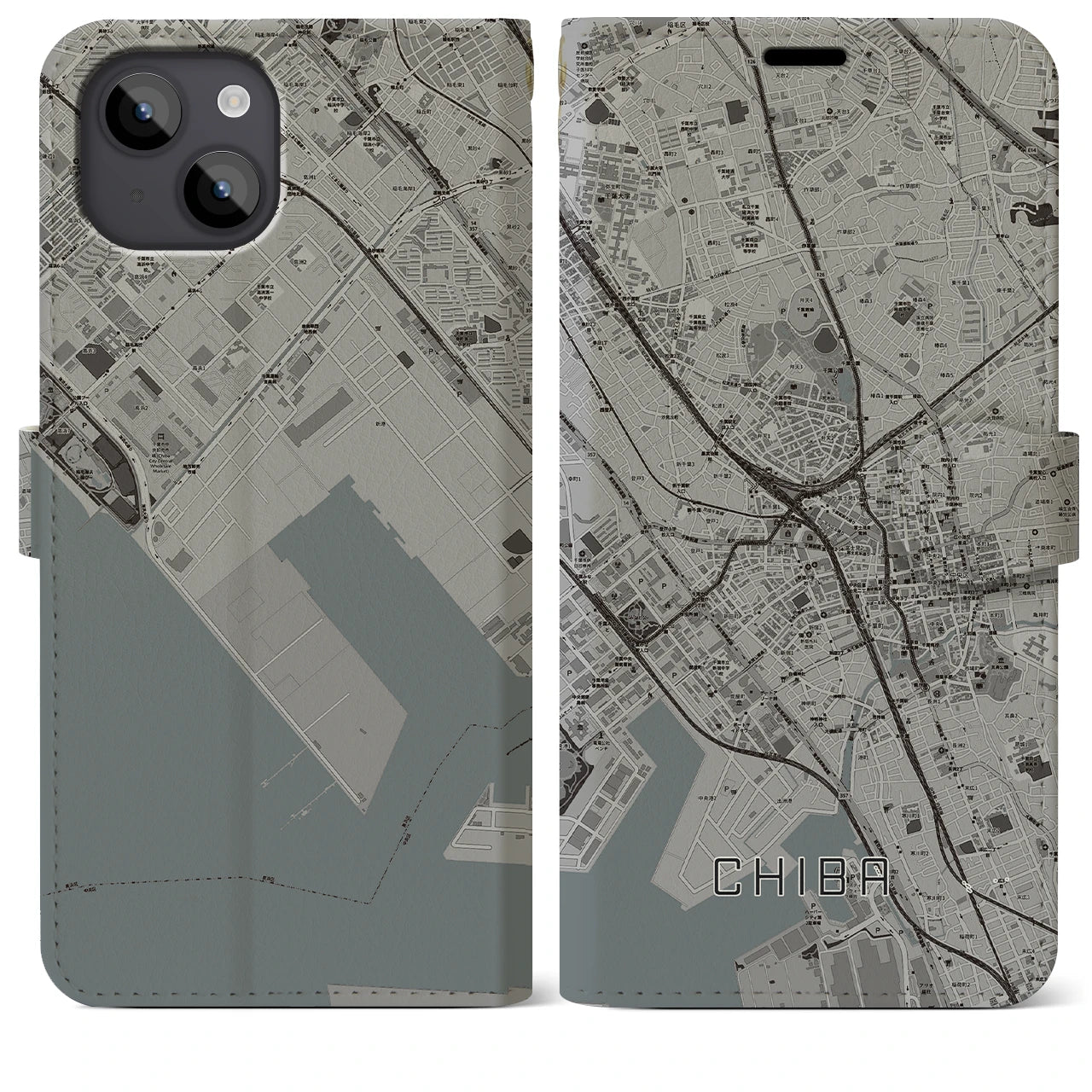 【千葉(千葉県)】地図柄iPhoneケース(手帳タイプ)モノトーン・iPhone 14 Plus 用