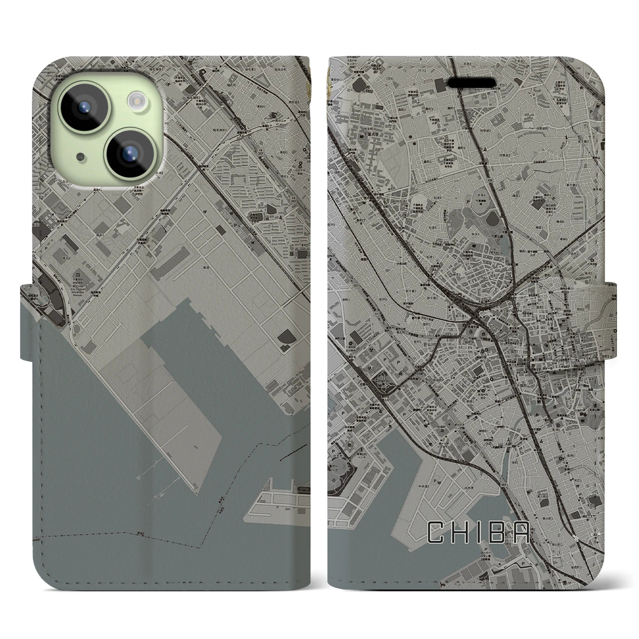 【千葉(千葉県)】地図柄iPhoneケース(手帳タイプ)モノトーン・iPhone 15 用