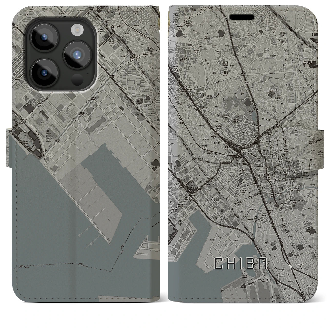 【千葉(千葉県)】地図柄iPhoneケース(手帳タイプ)モノトーン・iPhone 15 Pro Max 用