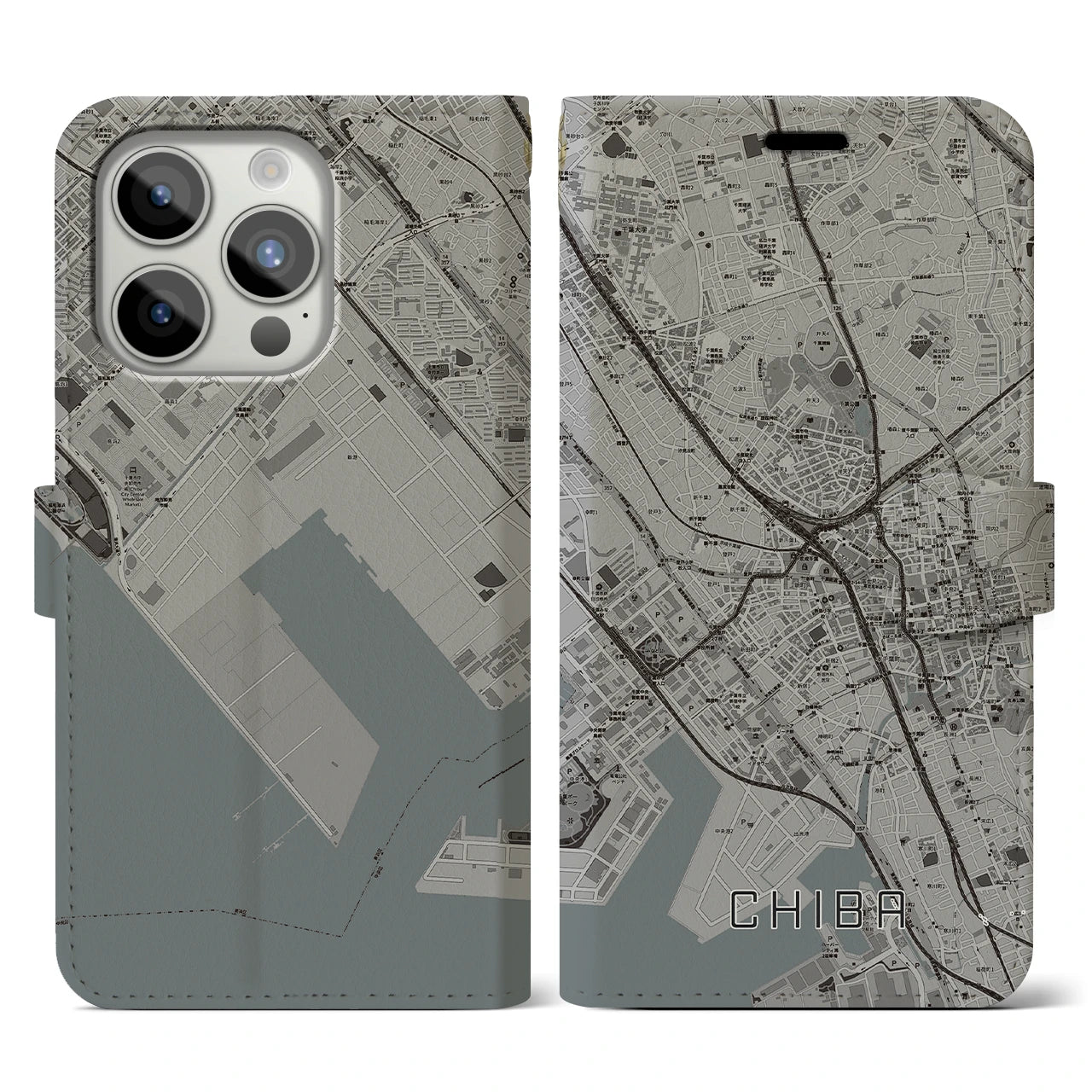 【千葉(千葉県)】地図柄iPhoneケース(手帳タイプ)モノトーン・iPhone 15 Pro 用