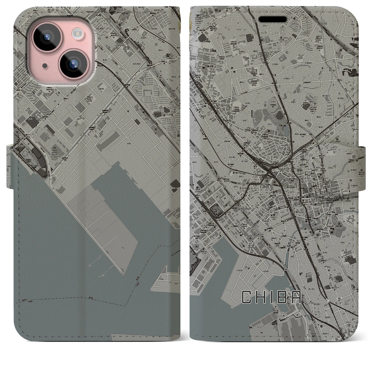 【千葉(千葉県)】地図柄iPhoneケース(手帳タイプ)モノトーン・iPhone 15 Plus 用