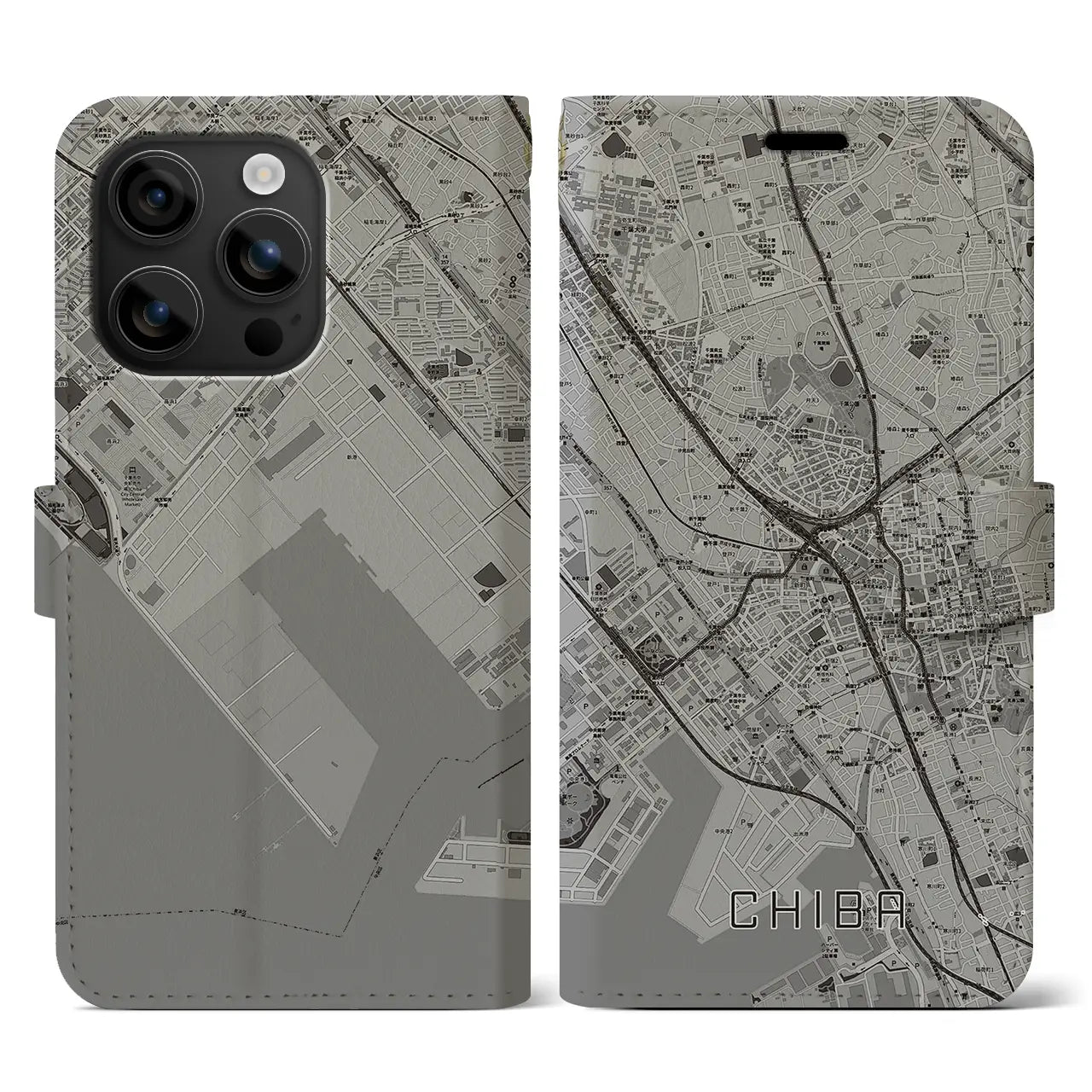 【千葉(千葉県)】地図柄iPhoneケース(手帳タイプ)モノトーン・iPhone 16 用