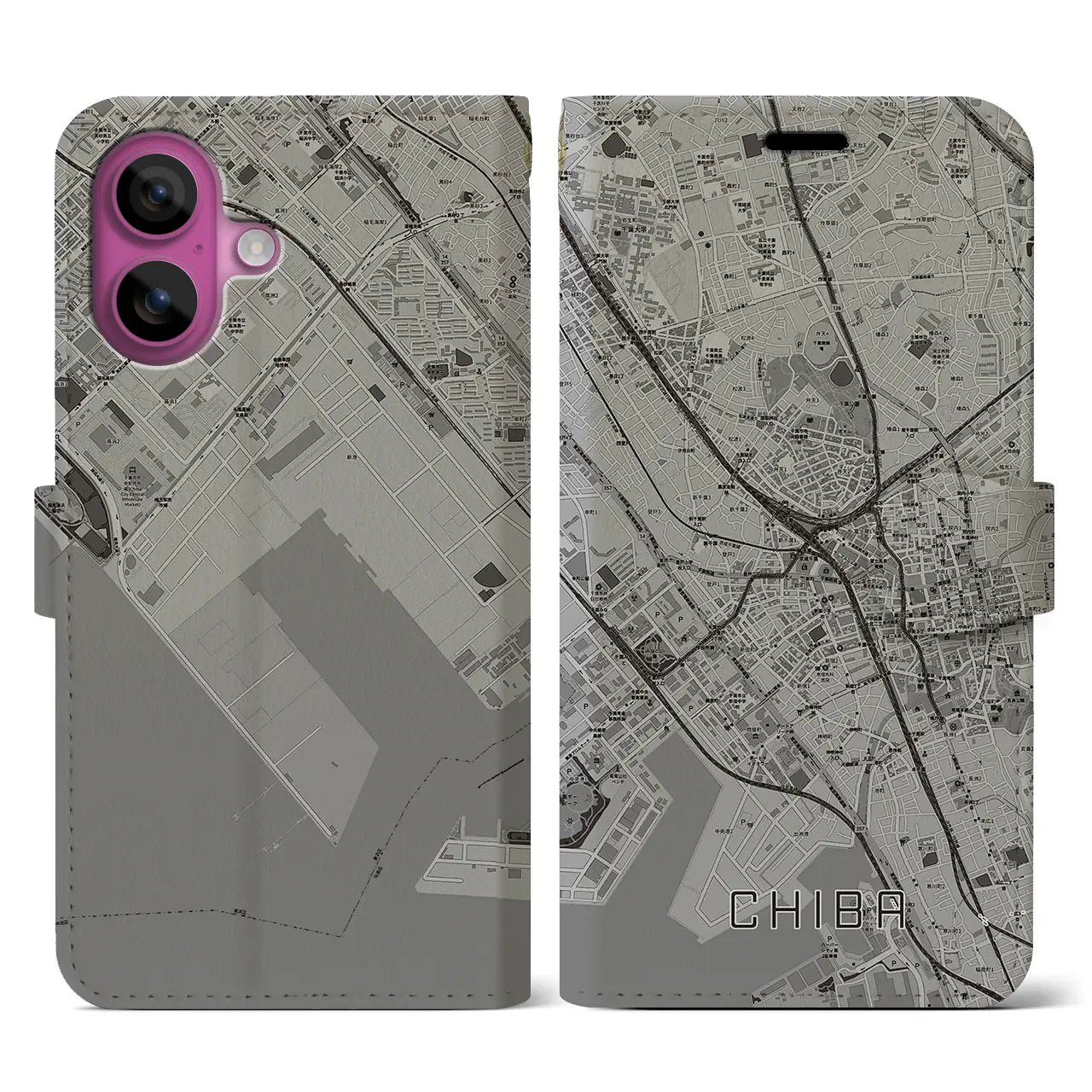 【千葉(千葉県)】地図柄iPhoneケース(手帳タイプ)モノトーン・iPhone 16 Pro 用