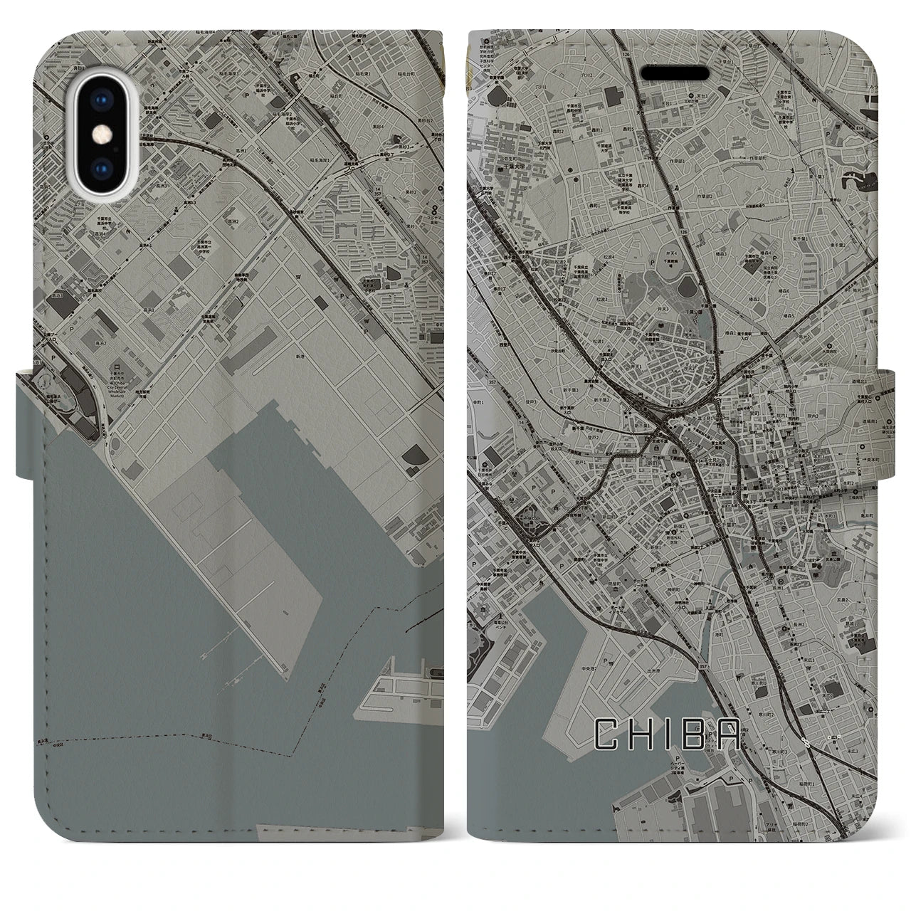 【千葉(千葉県)】地図柄iPhoneケース(手帳タイプ)モノトーン・iPhone XS Max 用