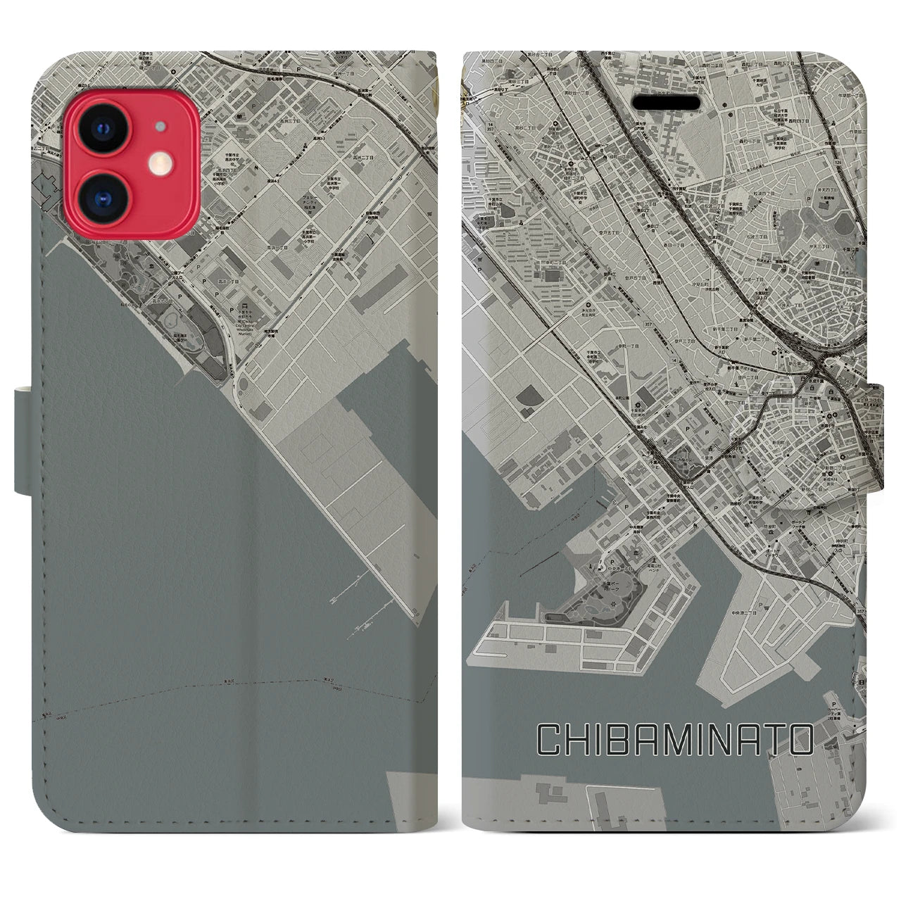【千葉みなと(千葉県)】地図柄iPhoneケース(手帳タイプ)モノトーン・iPhone 11 用