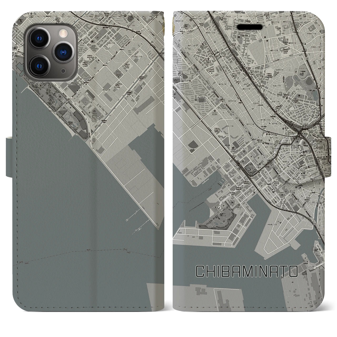 【千葉みなと(千葉県)】地図柄iPhoneケース(手帳タイプ)モノトーン・iPhone 11 Pro Max 用