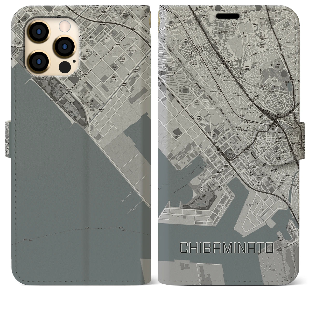 【千葉みなと(千葉県)】地図柄iPhoneケース(手帳タイプ)モノトーン・iPhone 12 Pro Max 用