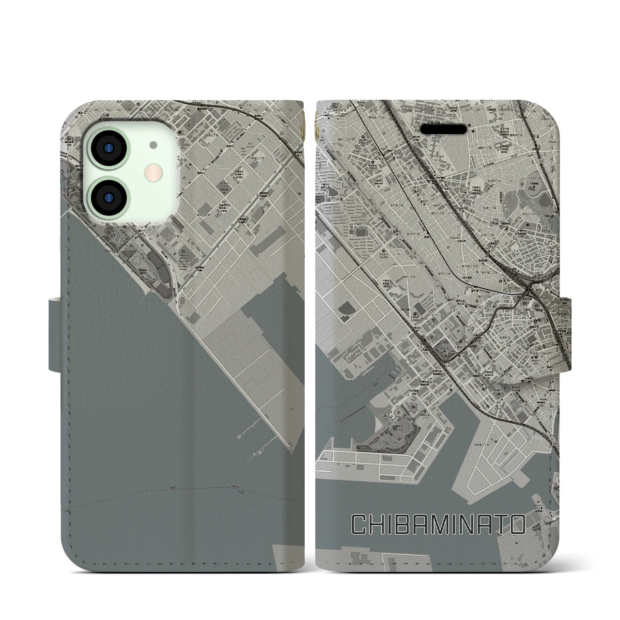 【千葉みなと(千葉県)】地図柄iPhoneケース(手帳タイプ)モノトーン・iPhone 12 mini 用