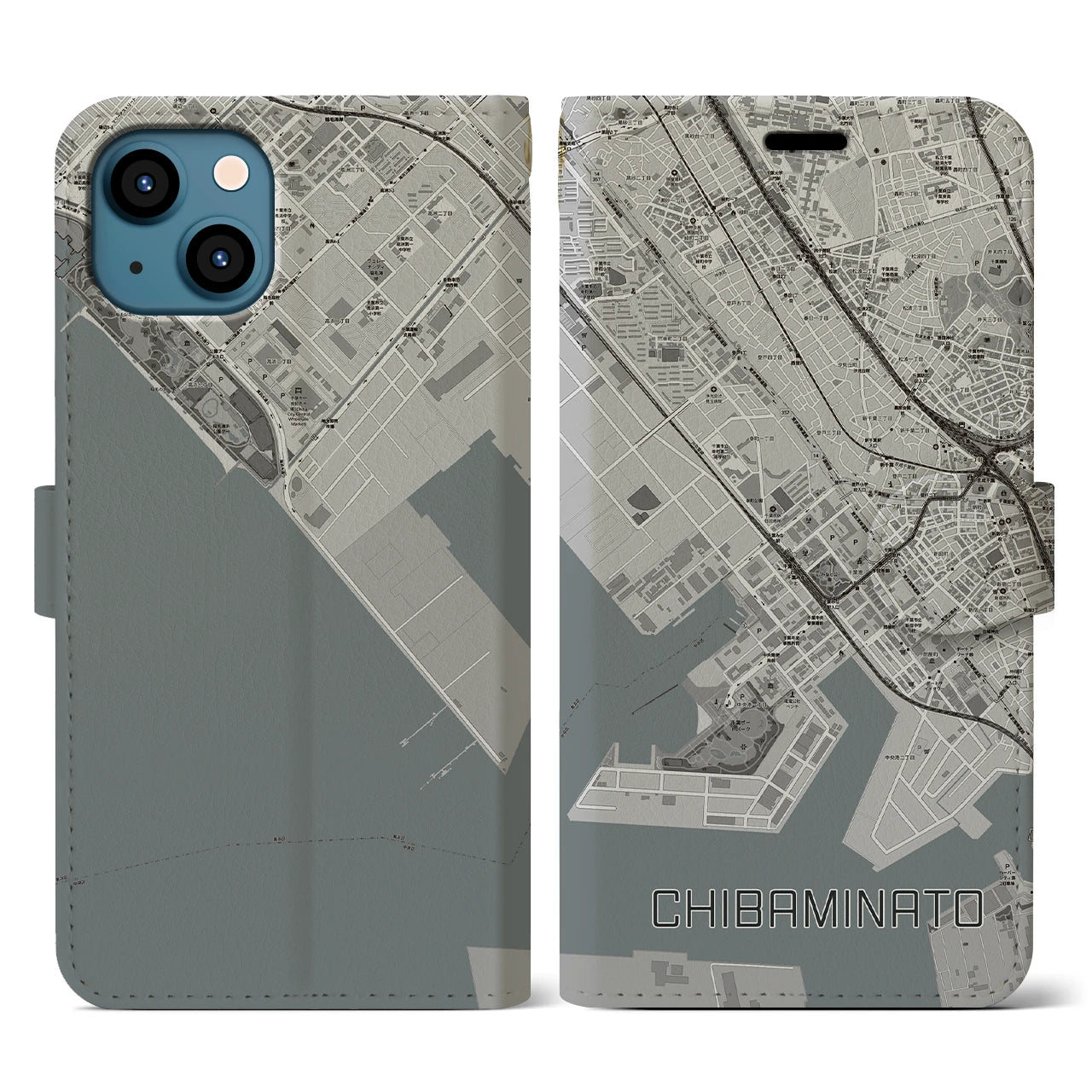【千葉みなと(千葉県)】地図柄iPhoneケース(手帳タイプ)モノトーン・iPhone 13 用