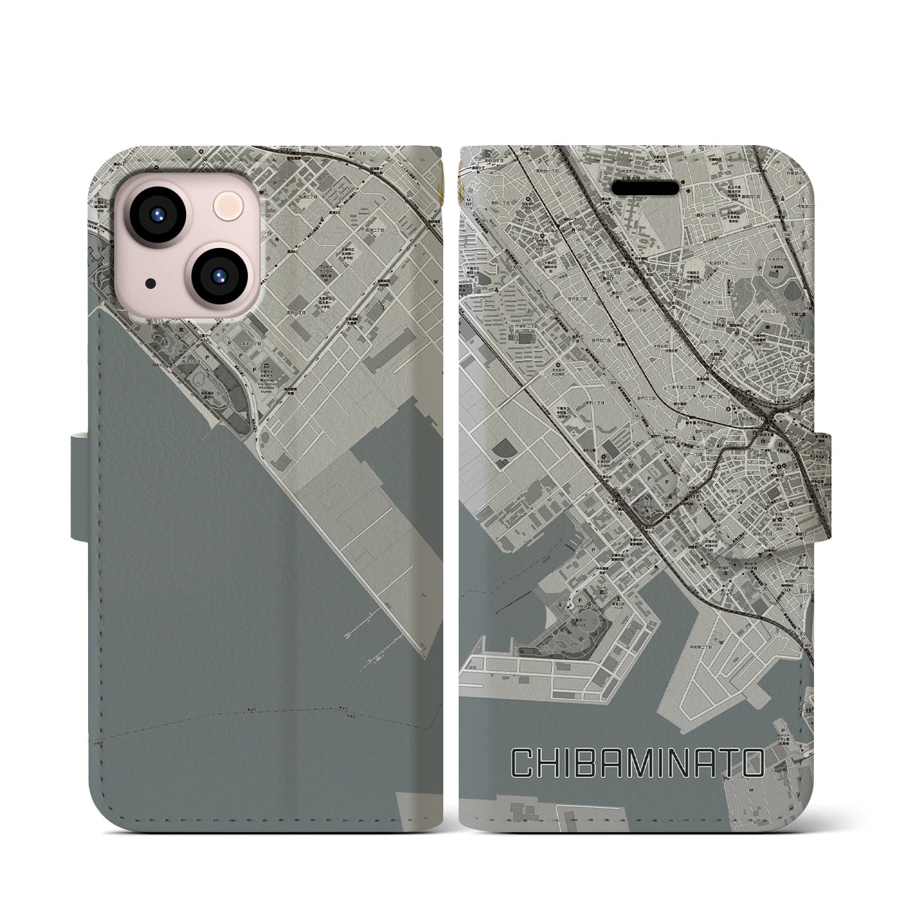 【千葉みなと(千葉県)】地図柄iPhoneケース(手帳タイプ)モノトーン・iPhone 13 mini 用