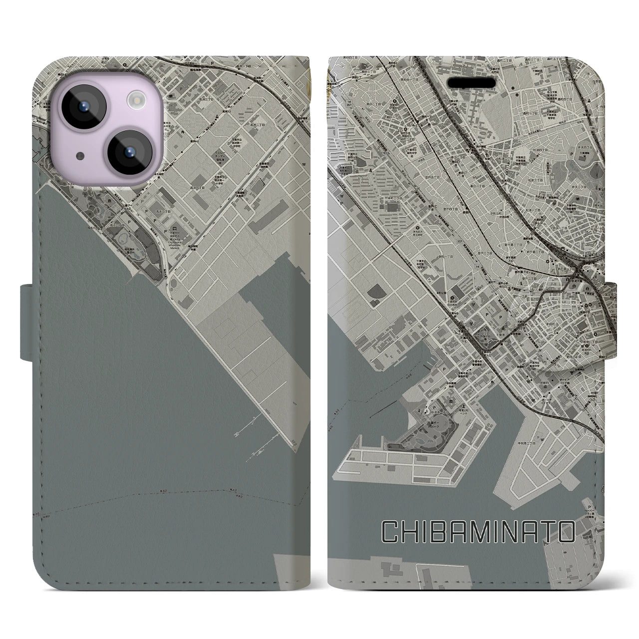 【千葉みなと(千葉県)】地図柄iPhoneケース(手帳タイプ)モノトーン・iPhone 14 用