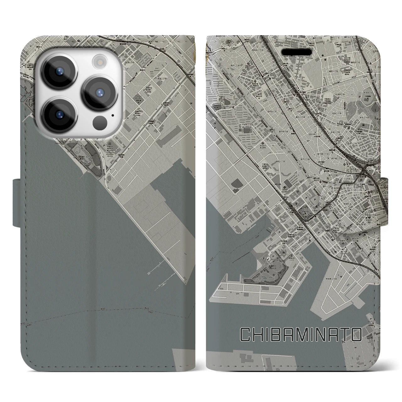 【千葉みなと(千葉県)】地図柄iPhoneケース(手帳タイプ)モノトーン・iPhone 14 Pro 用