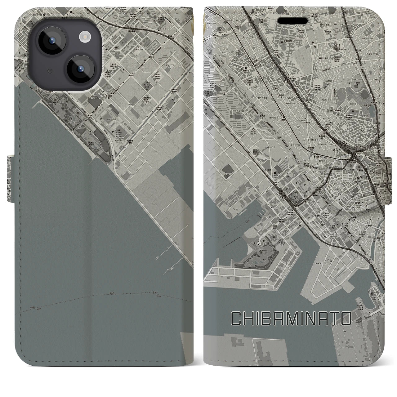 【千葉みなと(千葉県)】地図柄iPhoneケース(手帳タイプ)モノトーン・iPhone 14 Plus 用