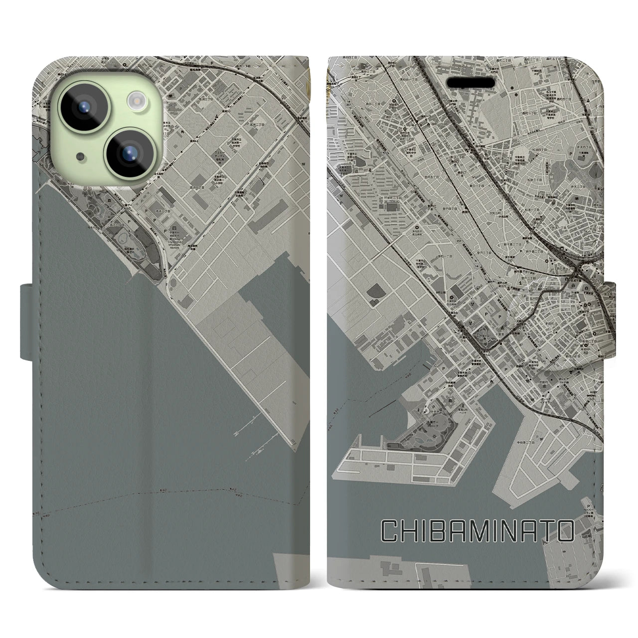 【千葉みなと(千葉県)】地図柄iPhoneケース(手帳タイプ)モノトーン・iPhone 15 用