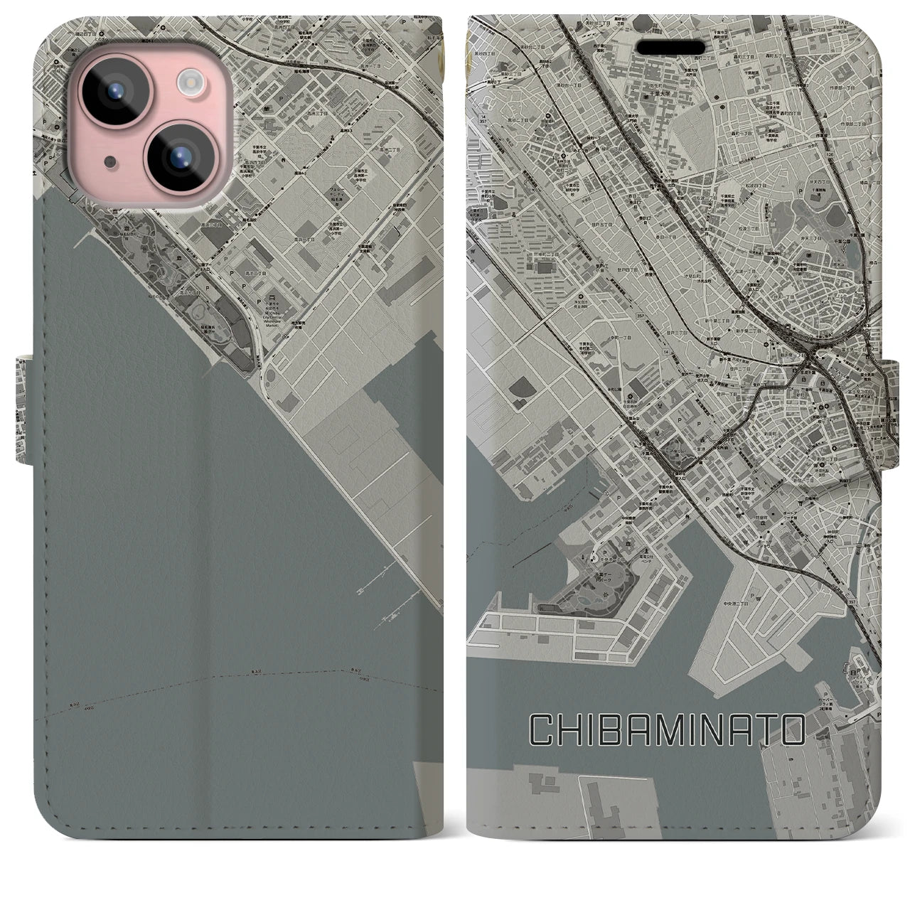 【千葉みなと(千葉県)】地図柄iPhoneケース(手帳タイプ)モノトーン・iPhone 15 Plus 用